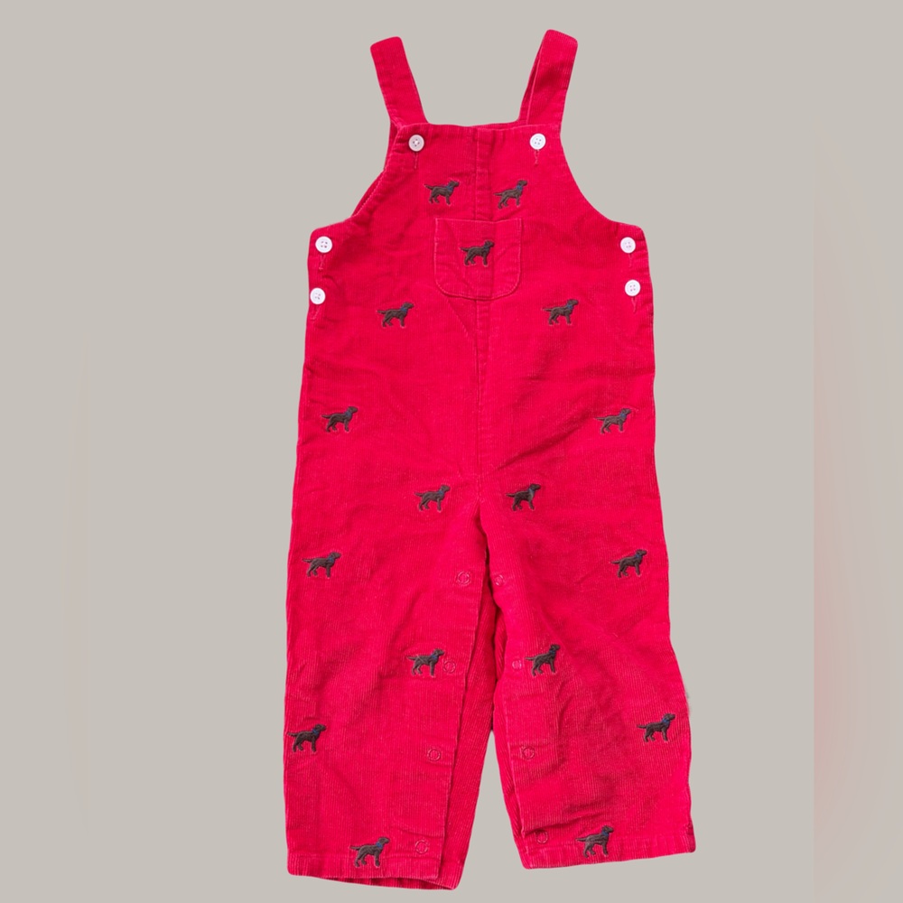 Vintage Embroidered Corduroy Overalls Red 12 Months Dog Printed